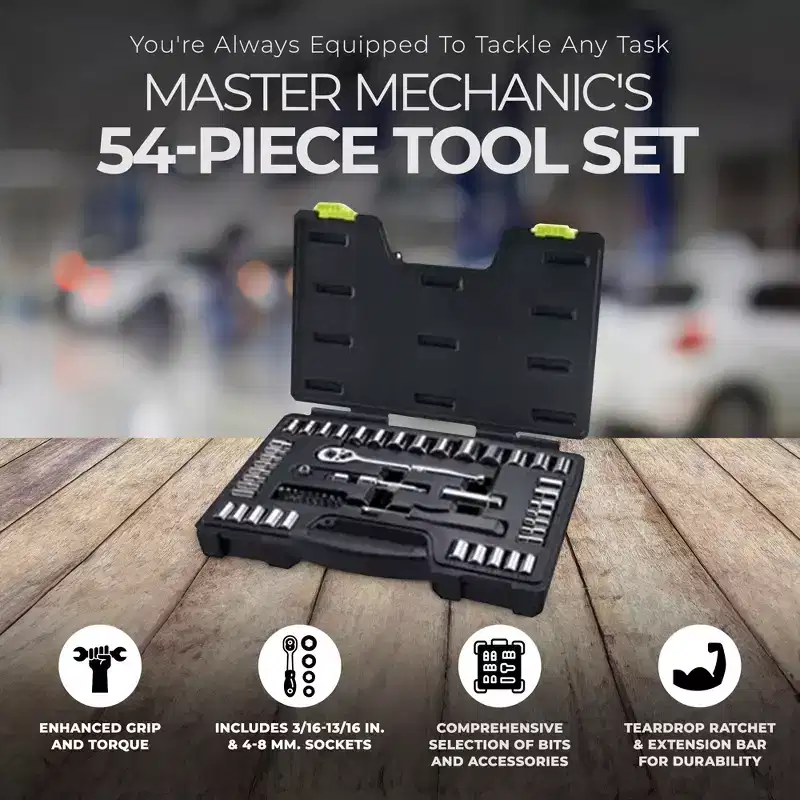 Master Mechanic 1/4 x 3/8 Inch Drive SAE and Metric 54 Piece Mechanic's Tool Accessory Socket Set with Case Storage Box, Black