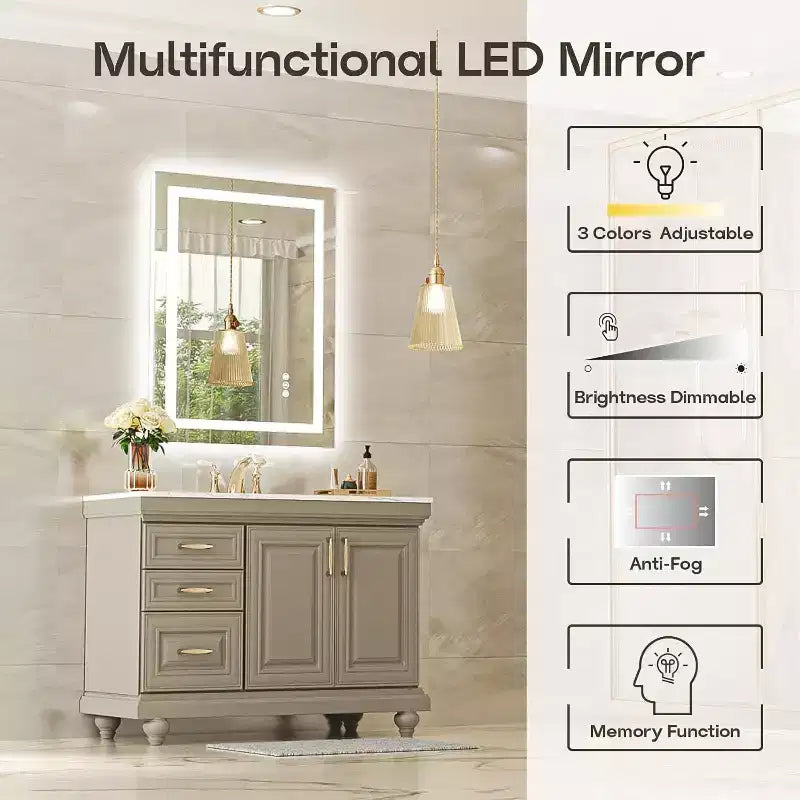 LED Bathroom Mirror Anti-Fog Dimmable 3 Color Temperatures Wall-Mounted Tempered Glass