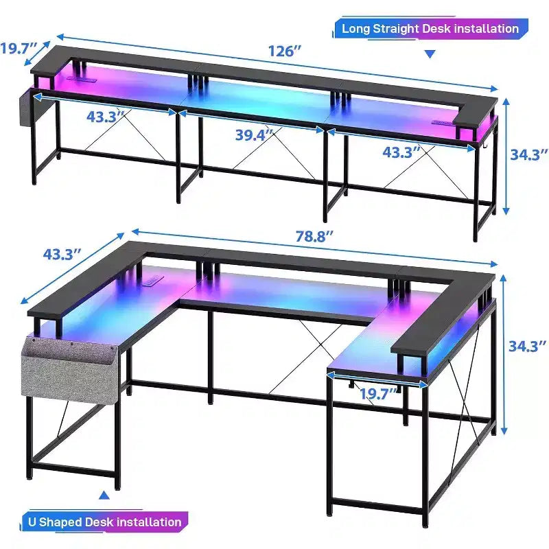 78.8in U-Shaped Corner Computer Desk for Gaming, Reversible L-Shaped Office Desk with Power Outlets, LED Lights, Monitor Stand & Storage Shelves