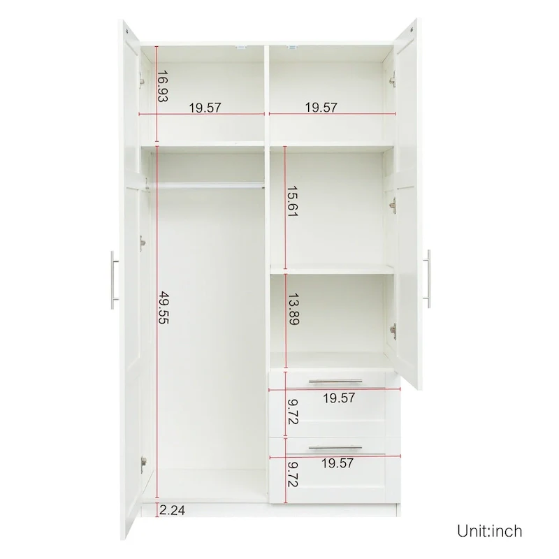 Armoire-penderie en bois blanc avec portes, tiroirs et tringle.