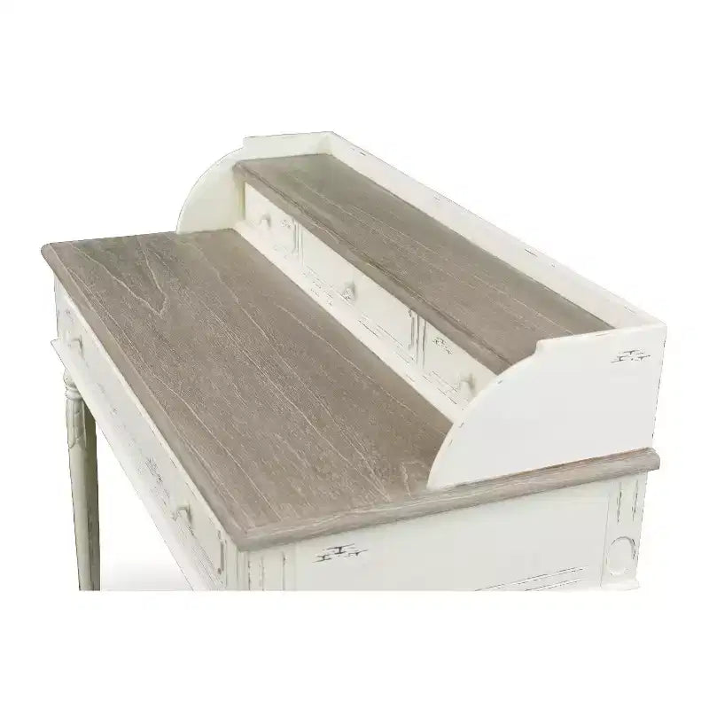 Traditional French Accent Writing Desk �C White & Light Brown, 4 Drawers, Mindi Wood Top