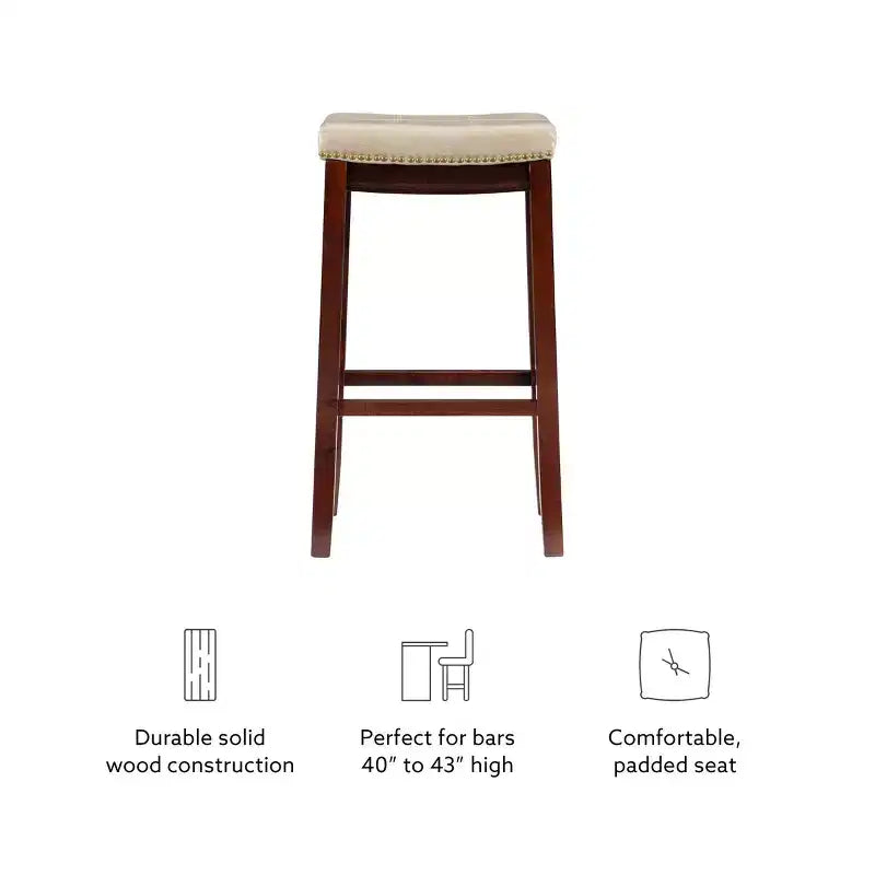 Set of 2 Faux Leather Barstools - Armless, Backless with Footrest, Fixed Height