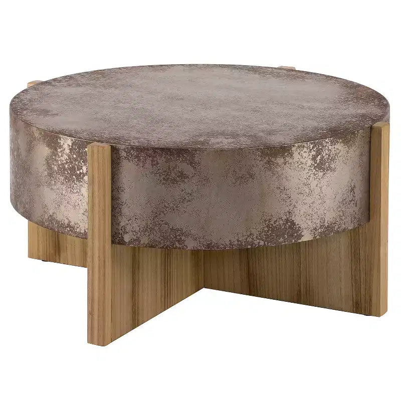 ModernLuxe Round Rustic Coffee Table Center Table Vintage Industrial Accent Table with Distressed Rust Finish & Wood Legs, Natural