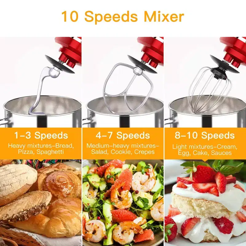 Stand Mixer, 7.5QT 660W Electric Food Mixer - 10-Speed Tilt-Head for Baking with Stainless Steel Bowl, RED