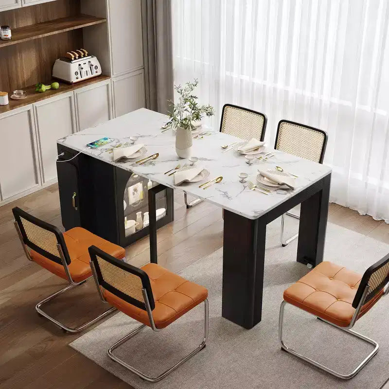 Whisen Extendable Dining Table, Mobile Rolling Island Table with 3 Removable Middle Leaves, Storage Cabinet