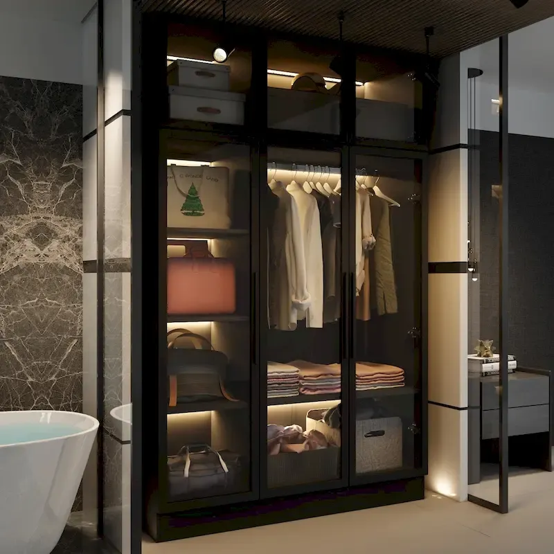 Armoire de rangement avec éclairage LED et portes entièrement vitrées, style dressing.