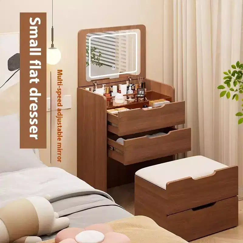 Okak 23.6 3-in-1 Vanity Table and Stool Set with Flip-Top Mirror,Compact Makeup Vanity with Visible Glass Desktop and 3 Drawers,Walnut