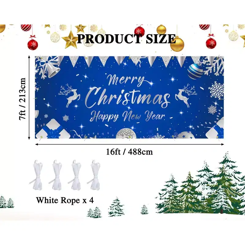 Christmas & New Year Garage Door Cover - 7x16Ft Holiday Banner with 4x6m Ribbons