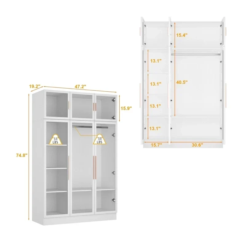 Armoire de rangement avec éclairage LED et portes entièrement vitrées, style dressing.