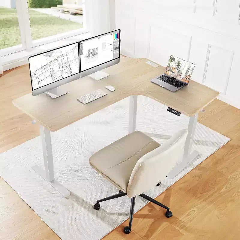 HUANUO 63 In Dual Motor L-Shaped Standing Desk, Built-in Power Outlets, Electric Height Adjustable Corner Computer Desk, Sit Stand Up Desk