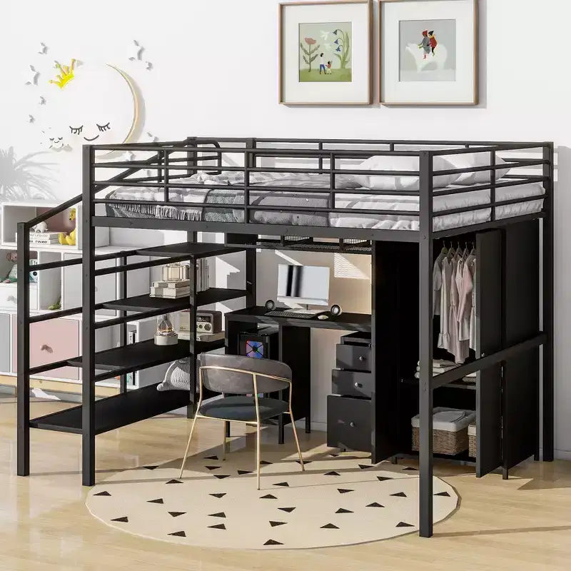 Full Metal Loft Bed with Desk Wardrobe and Storage Ladder Black