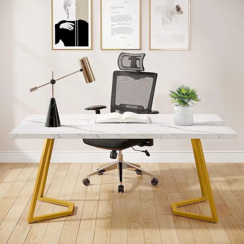 Modern White Marble Top Writing Desk with Gold Metal Legs
