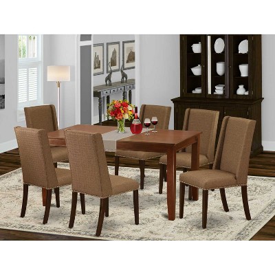 HomeStock 7-Piece Mahogany Finish Solid Wood Top Dining Table with 6 Parson Chairs