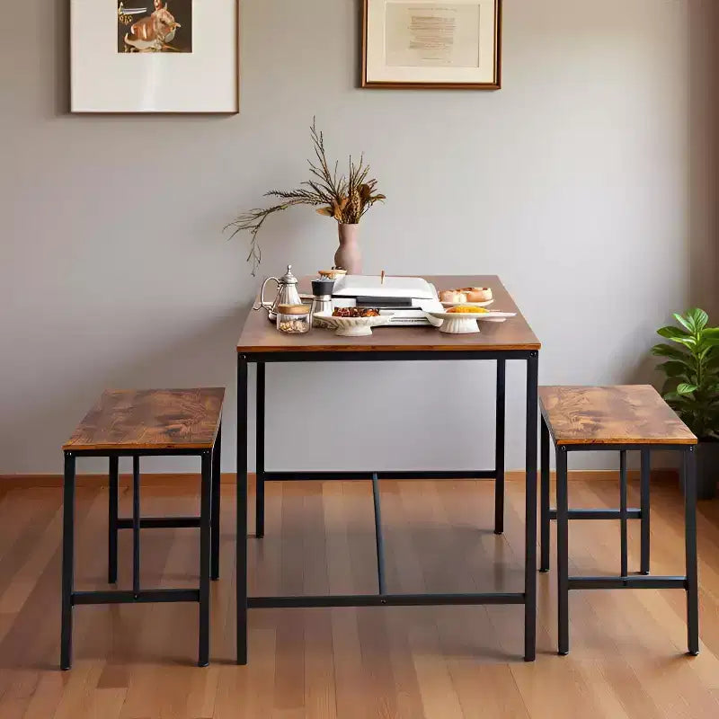 FurnitureR 3-Piece Dining Table Set with 2 Benches, Space-Saving Kitchen & Dining Room Set for Home or Restaurant, Metal Frame and MDF Top, Brown