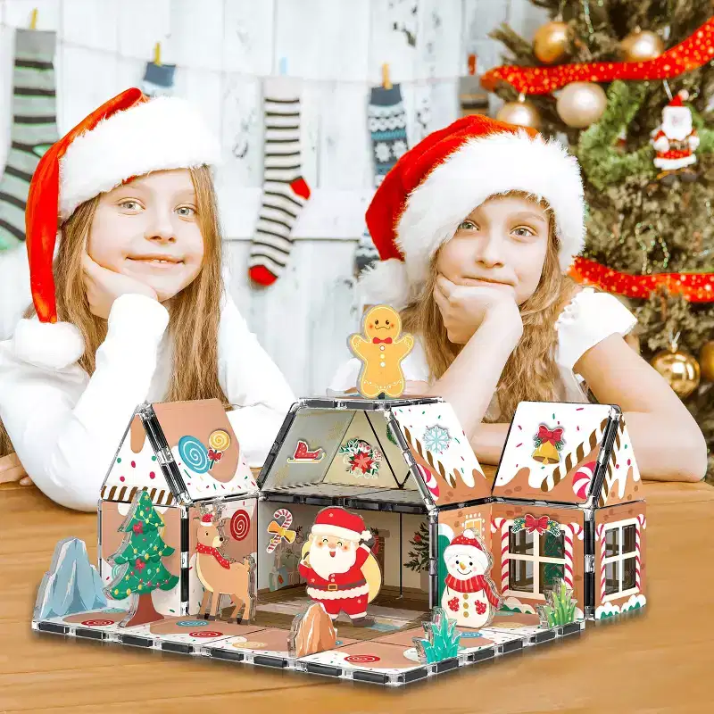PICASSO-TILES Gingerbread House Magnetic Tiles for Kids  STEM Building Blocks Set, Educational Construction Learning Toy, Christmas Holiday Gift