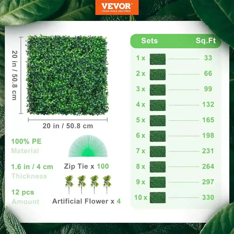 VEVOR 12 Piece 20x20 Artificial Boxwood Panels for Indoor & Outdoor Use, Green