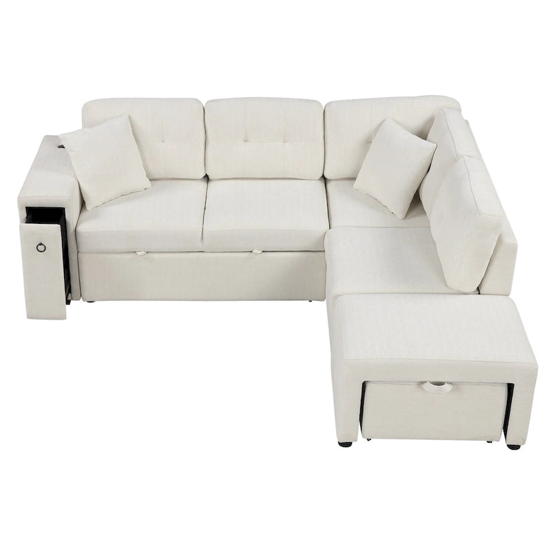 L-Shaped 4-Seat Sectional Sofa with Pull-Out Bed, Ottoman, USB Ports & Drop-Down Table