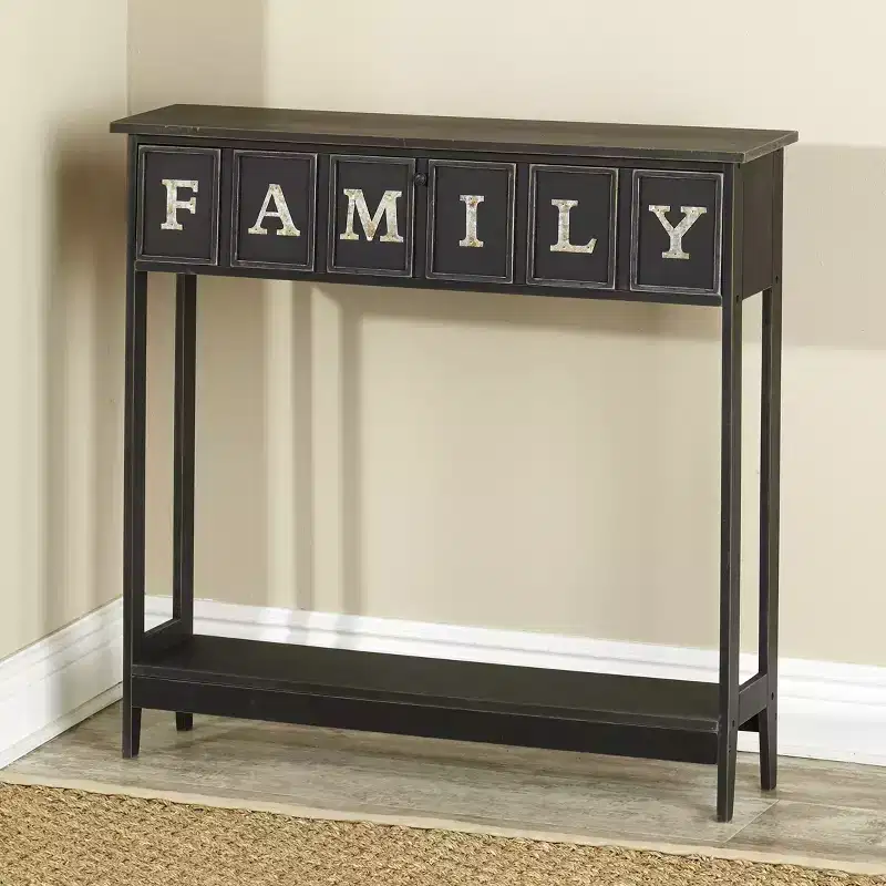 Galvanized Metal Sentiment Console Table with Hidden Storage & Word Art, 31.5