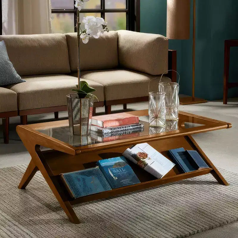 Rocket Coffee Table with Tempered Glass Pecan