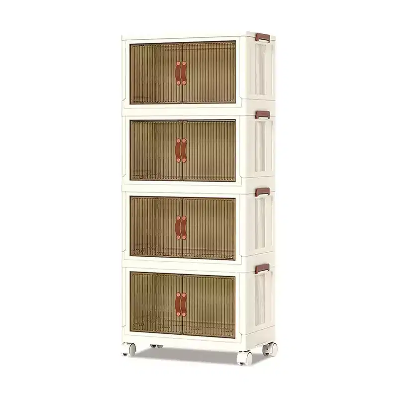 4-Tier Stackable Storage Bins with Wheels – Foldable Plastic Organizer with Double Doors