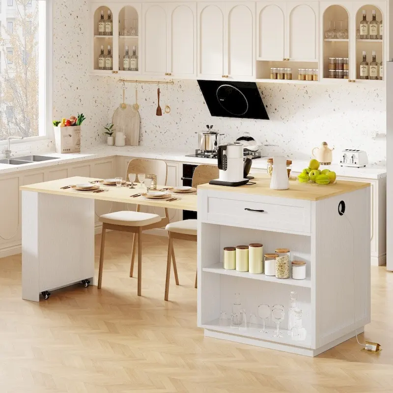 82.7 Wooden 4-6 Person Kitchen Island with Extendable Dining Table and Double-sized Storage