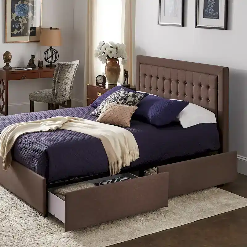 Tufted Linen Headboard Storage Platform Bed with 4 Under-Bed Drawers, Full/Queen/King