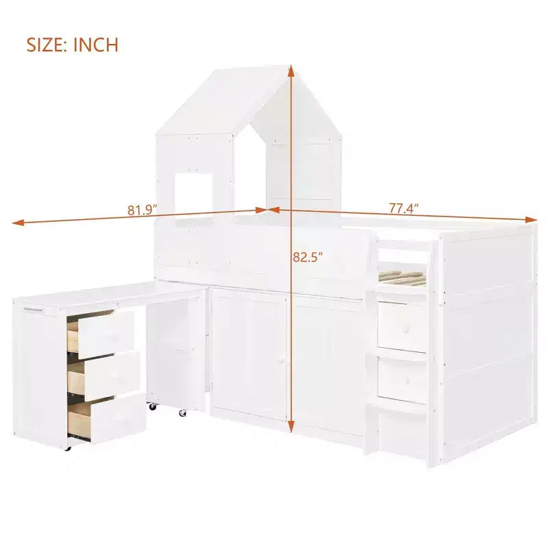 Luxystar Twin House Style Low Loft Bed With Rolling Desk, Storage Cabinet And Drawers