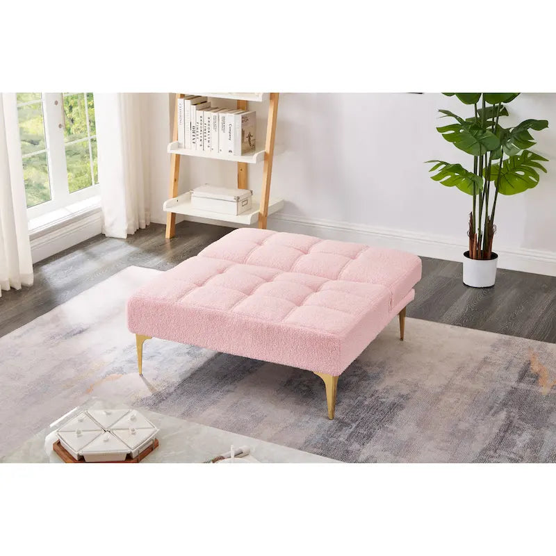 Pink Teddy Chenille Sofa Bed | 3-Position Futon | Solid Wood Frame | 300 lb | Gold Legs