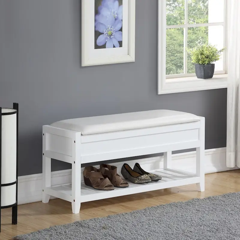 White Faux Leather Storage Bench with Shoe Shelf, Single