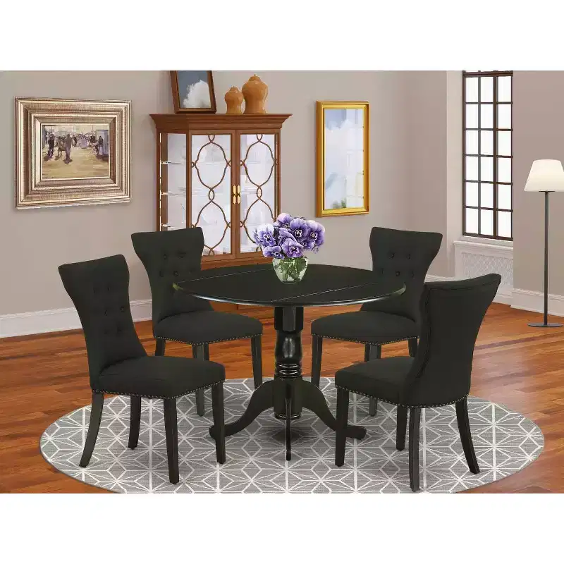 HomeStock 5-Piece Round Black Finish Solid Wood Top Dining Table with 4 Parson Chair