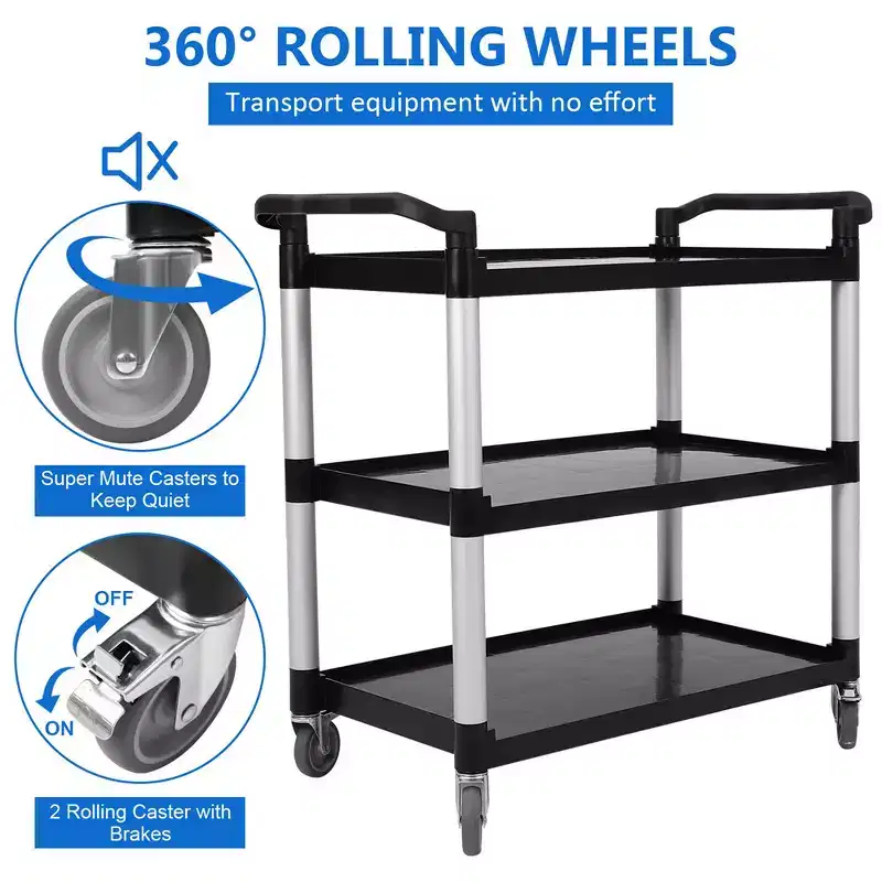 Utility Service Cart with Brake Wheel, 3 Shelf 360LBS Heavy Duty Rolling Service Cart with 360 Swivel Wheels, Restaurant Food Cart with Hammer