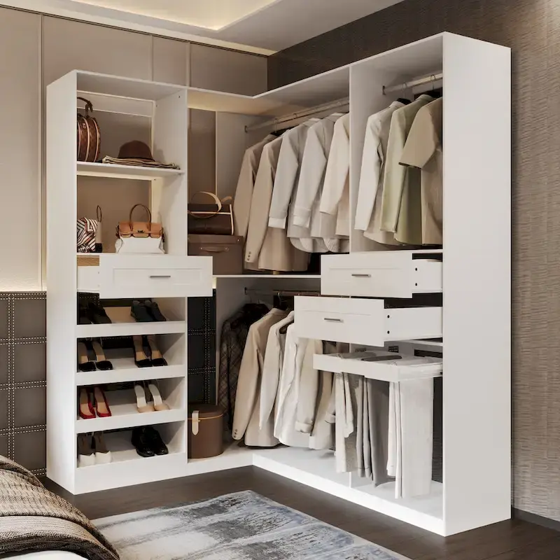 Armoire d'angle avec 2 tringles, un porte-pantalons et un meuble de rangement pour chaussures