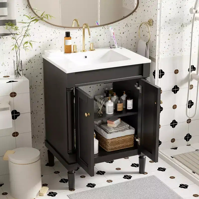 JVNOXK 24-inch Single-Basin Vanity Cabinet with Sink, Double-Tier Modern Bathroom Storage Cabinet, Large-Capacity Shelving Unit, Black