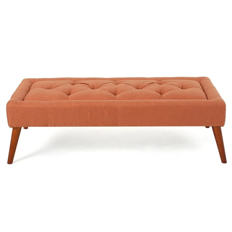 Tufted Fabric Ottoman Bench with Wooden Legs