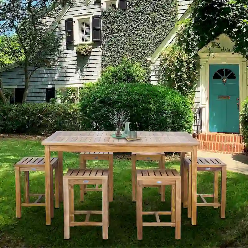 Chic Teak 7 Piece Teak Wood Antigua Patio Counter Height Bistro Set with 63 Rectangular Table and 6 Stools