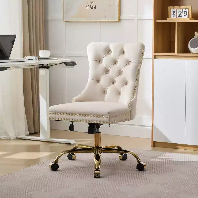 TUYOHW Modern Swivel Home Office Chair with Tufted Back,Plush Velvet Computer Chair with Chrome Metal Base,19.7-22.4Adjustable Height