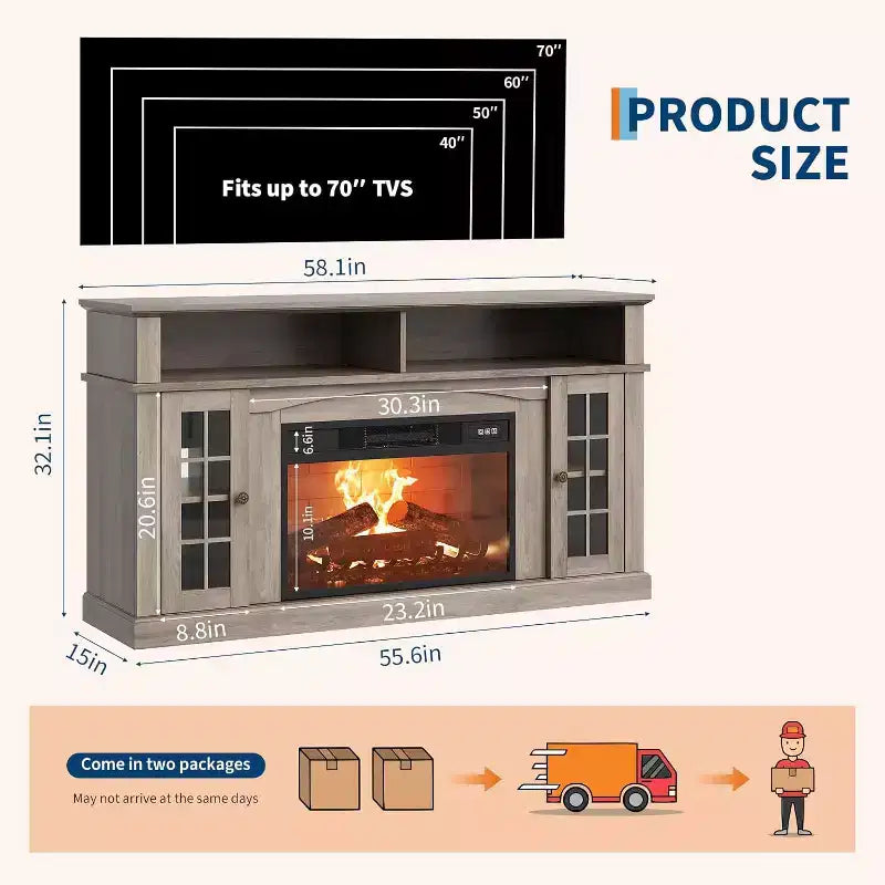 58 Modern TV Stand for 70'' TV - Glass Door Cabinet with Adjustable Shelf, Fits 23'' Electric Fireplace