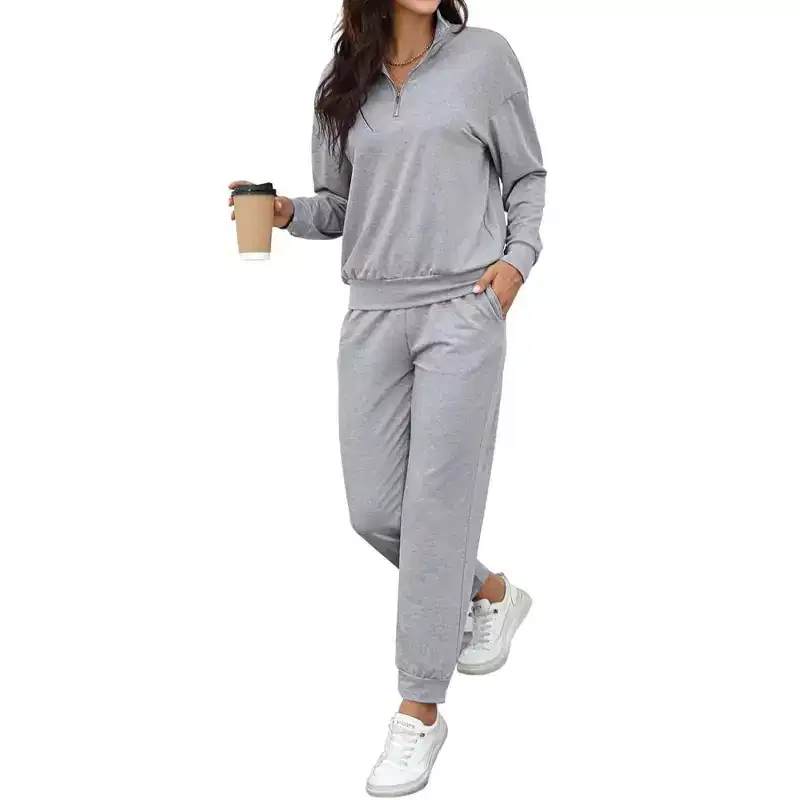 Womens Half Zip Front Sweatshirt Pullover Tracksuit Sets Solid Jogger Pants Sets