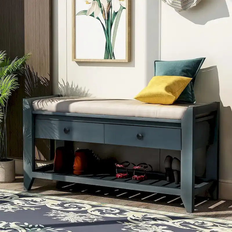 Wooden Storage Bench with Shoe Rack and Drawers
