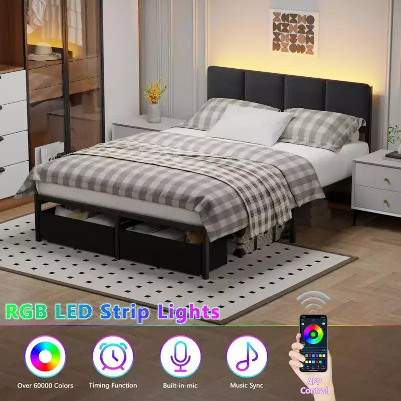 Qwatto Upholstered Full Bed Frame with LED Lights Charging Station 2 Storage Drawers Platform Bed No Box Spring Needed Modern Bedroom Furniture