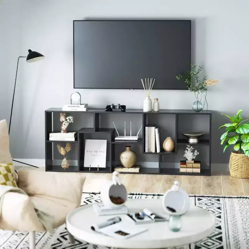Asymmetrical 5 Tier Bookshelf & Display Shelf - Modern Geometric Bookcase with Staggered Cube Design for Living Room & Home Office