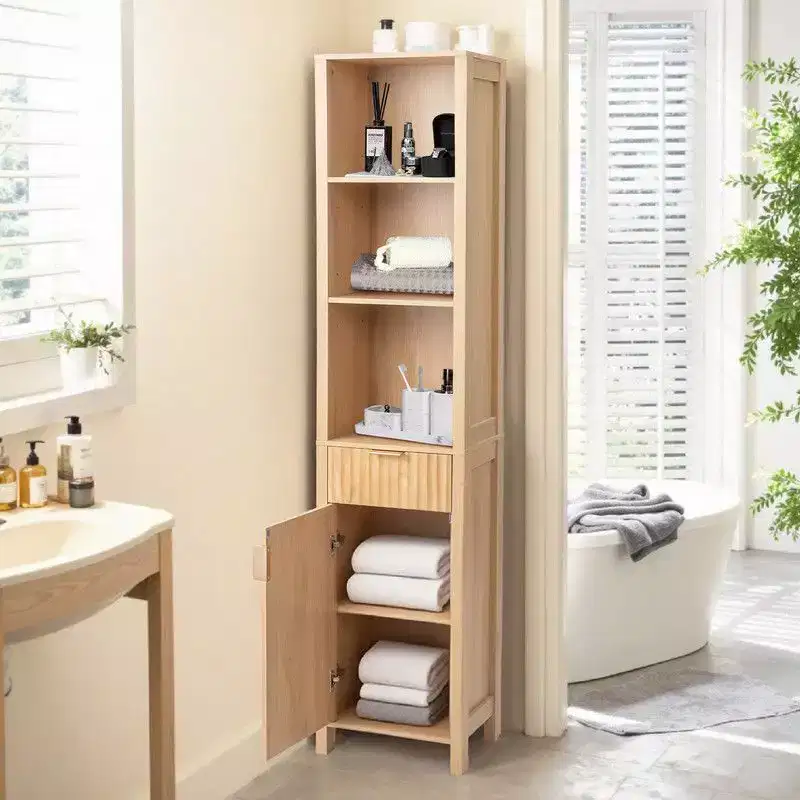 Oak Freestanding Cabinet with Drawer, Door & Bookcase Shelves