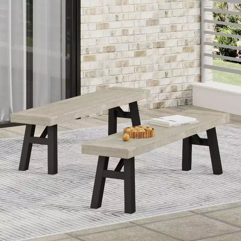 Christopher Knight Home 2pc Bettina Acacia Wood Outdoor Dining Benches Light Gray Wash/Black