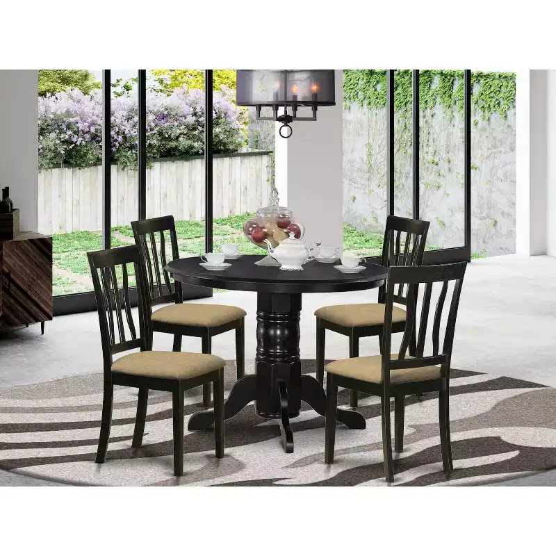 Kitchen Dining Set 5 Piece Table & Chairs - Round Pedestal Table with Linen Upholstered Seats