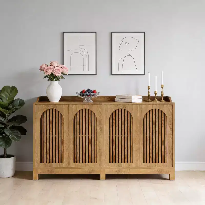 Farmhouse 4-Door Shutter Wood Sideboard Buffet Cabinet with Adjustable Shelves