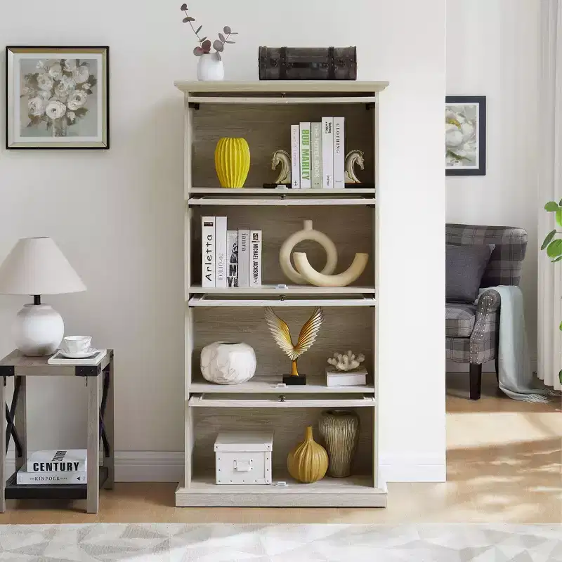 Glass display cabinet 4 Tier Glass Display Cabinet Storage Curio Cabinet with Flip up Glass Doors Collectors Showcase Toy Figure Organizers Rack White