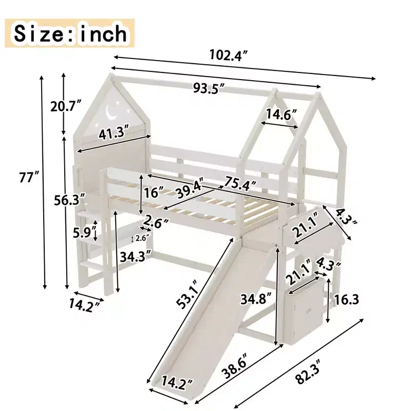 Bellemave House Loft Bed with Bookshelf and Slide,Solid Wood House Loft Bed Frame with Safety Rails and Playful Design for Kids
