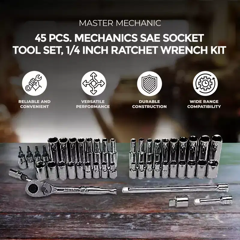 Master Mechanic 45-Piece SAE Socket Tool Set, 1/4 Inch Drive, Ratchet Wrench Kit, Automotive Hand Tools, Mechanics Set with Organizer for Car, Garage