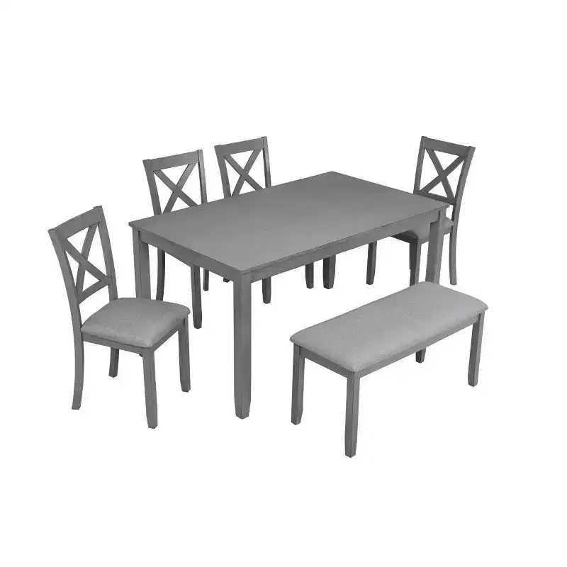 Homy Casa 6-Piece Wooden Dining Table Set with 4 Upholstered Chairs and Bench, Kitchen & Dining Room Furniture, Grey