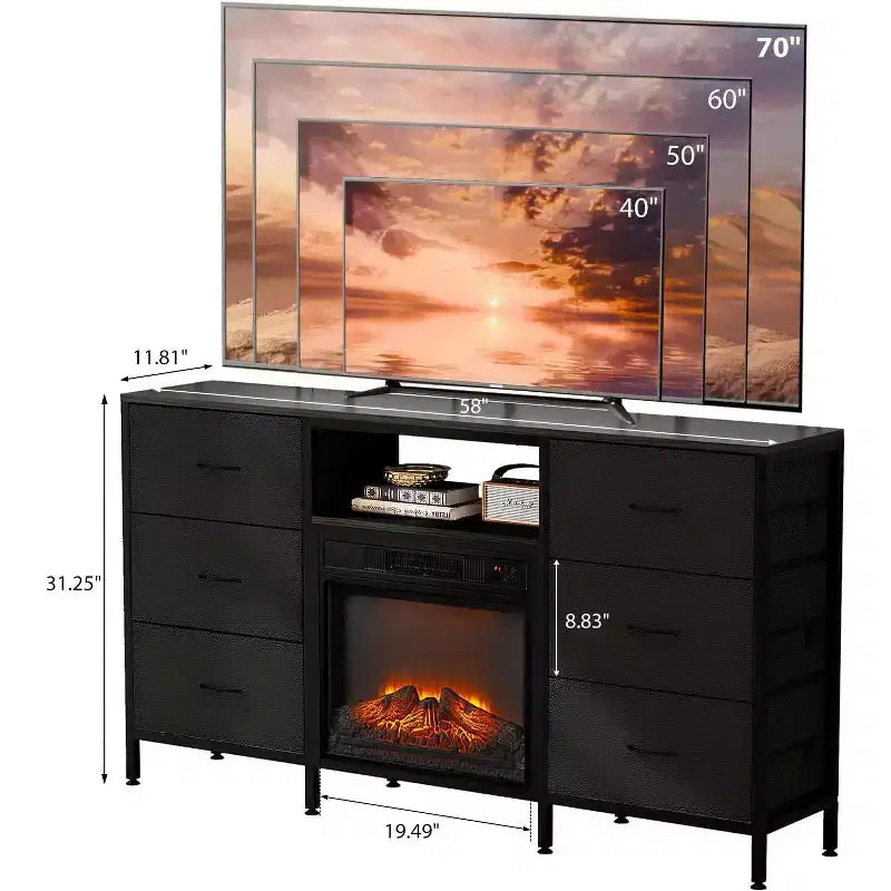 Fireplace TV Stand Dresser with Fabric Drawer, Entertainment Center with LED Lights and Industrial TV Console Table with Open Storage Shelves
